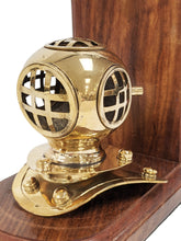 Load image into Gallery viewer, Brass Replica Mark IV Diving Helmet Bookend Pair - Stained Wooden Bases, Functional & Decorative Nautical Marine Memorabilia (5.7" L × 4" W × 6.7" H)