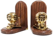 Load image into Gallery viewer, Brass Replica Mark IV Diving Helmet Bookend Pair - Stained Wooden Bases, Functional & Decorative Nautical Marine Memorabilia (5.7" L × 4" W × 6.7" H)