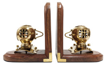 Load image into Gallery viewer, Brass Replica Mark IV Diving Helmet Bookend Pair - Stained Wooden Bases, Functional & Decorative Nautical Marine Memorabilia (5.7" L × 4" W × 6.7" H)