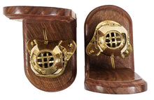 Load image into Gallery viewer, Brass Replica Mark IV Diving Helmet Bookend Pair - Stained Wooden Bases, Functional & Decorative Nautical Marine Memorabilia (5.7" L × 4" W × 6.7" H)