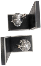 Load image into Gallery viewer, Silver Globe Bookend Pair - Black Wooden Bases with Metal Accents, Decorative Bookends, Antique Style Nickel Plated Aluminum Planet Earth Globes