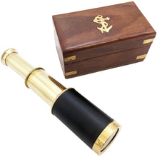 Load image into Gallery viewer, 6" Handheld Brass Telescope with Wooden Storage Box - Functional Pirate Spyglass, Collapsible Design for Costume / Cosplay or Decoration