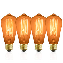 Load image into Gallery viewer, 4 Pack of ST64 Vintage Edison Light Bulbs with Squirrel Cage Filament - fits standard (Medium) base E26 light fittings and E26 lampholders | These teardrop shaped 60w bulbs will bring the nostalgia of the 1900s to your modern fixtures | Dimmable from 0-100% with most dimmer switches, freely change the brightness to meet your atmosphere needs | Ideal for atmospheric lighting, in a multi-bulb pendant light or discreet lighting | Each bulb is 2.50 inches wide and 5.5 inches tall (including base)