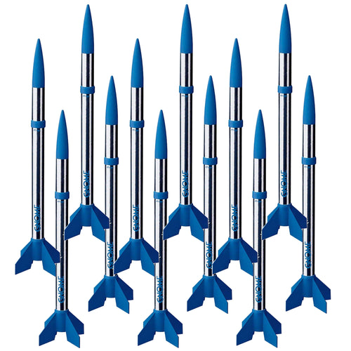 E2X - Easy to Assemble | Plastic Fins, Self-stick Decals, Streamer Recovery | Recommended Engines: 1/2A3-2T, 1/2A3-4T (First Flight), A3-4T, A10-3T | Projected Max Altitude: 800 ft. (244 m) | 12 rockets per pack