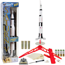 Load image into Gallery viewer, Estes Saturn V Model Rocket Starter Set - Includes Assembled Rocket, Launch Pad & Controller, Four AA Batteries, Recovery Wadding, & Three Engines