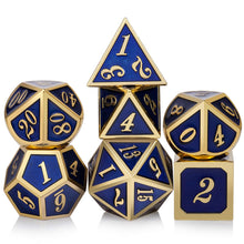 Load image into Gallery viewer, Set of 7 Metal Dice Set with Storage Box - Royal Blue with Gold Numbers - Includes D4, D6, D8, D10, D12, D20 and D%