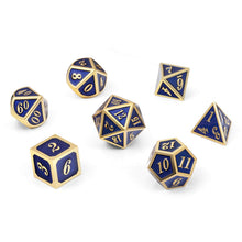 Load image into Gallery viewer, Set of 7 Metal Dice Set with Storage Box - Royal Blue with Gold Numbers - Includes D4, D6, D8, D10, D12, D20 and D%