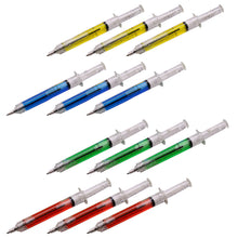 Load image into Gallery viewer, 12 Ballpoint Liquid-filled Syringe Pens | Each order includes 3 Red, 3 Yellow, 3 Blue and 3 Green | These pens write in Blue ink and make your writing a bit more interesting! | Ideal for children's costumes, as a gift for doctors / nurses / medics / teachers, as party favors, or as school supplies for the whole class | Cool and functional conversation starter!