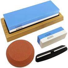 Load image into Gallery viewer, Knife Sharpening Whetstone Set - Includes Dual 1000/6000 Grit Stone, Bamboo Holder, Pocket Size Stone, 140/320 Grit Pebble Axe Sharpener & Angle Guide