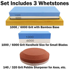 Load image into Gallery viewer, Knife Sharpening Whetstone Set - Includes Dual 1000/6000 Grit Stone, Bamboo Holder, Pocket Size Stone, 140/320 Grit Pebble Axe Sharpener & Angle Guide