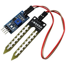 Load image into Gallery viewer, When used with an Arduino (not included), this sensor can be used in your projects to measure the moisture in soil and similar materials | Dual output mode: Digital or Analog (analog output is more accurate) | Features a potentiometer for setting the digital output threshold value | Power and Digital Output Indicator LEDs | Includes Soil Moisture Sensor Comparator Board, Sensor Probe, and a 2-pin female-female cable