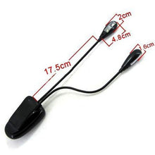 Load image into Gallery viewer, Clip-on Bright Reading Light for Sheet Music Stand, Books, Laptop Keyboard - Dual Flexible Arms, 4 LED Brightness Modes, Powered by USB or Batteries