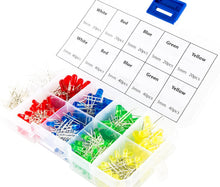 Load image into Gallery viewer, 300 Piece Diffused Lens LED Assortment, Includes 3mm & 5mm, Colors: White, Red, Blue, Green, Yellow