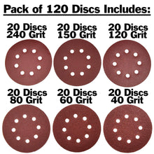 Load image into Gallery viewer, 120 Pack 5 Inch Sandpaper Discs, Hook and Loop Adhesive, 8 Hole - Includes 40, 60, 80, 120, 150, and 250 Grit for Random Orbital Sander