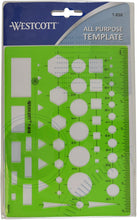 Load image into Gallery viewer, Westcott T-816 General Purpose Template, Circles, Squares, Triangles, Rectangles and Hexagons, Inch Scale