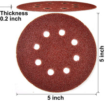Load image into Gallery viewer, 120 Pack 5 Inch Sandpaper Discs, Hook and Loop Adhesive, 8 Hole - Includes 40, 60, 80, 120, 150, and 250 Grit for Random Orbital Sander