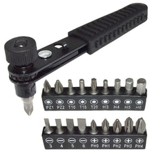Load image into Gallery viewer, Right angle ratcheting screwdriver - perfect for working in tight workspaces where full sized tools won't cut it | Includes 18 low profile vanadium steel bits for versatility - you can also use your own as the socket is compatible with any 1/4 inch hex bit | Reversible - use the switch on the handle to select between tightening and loosening direction | Comfortable rubber grip handle with non-slip drive head for optional two handed operation for extra stability | Rapid screw tightening is possib