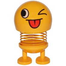 Load image into Gallery viewer, Cute emoji bobblehead with adhesive to keep it in place | Cheers you up on long car rides, at your office desk, or at home | Will not block your view, only about 4 inches in height! | Comes to life when your car is in motion, or activates from other vibrations | Mounting instructions are included on the packaging