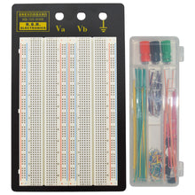 Load image into Gallery viewer, Solderless breadboard with sturdy metal backing and 140 piece jumper wire kit | 1,660 contact points (2 Terminal strips, 1260 tie-points and 4 Distribution strips, 400 tie-points) | 3 binding posts | Nickel plated phosphor bronze spring clip contacts with 0.4~0.7mm diameter insertion range | Measures 8.7" x 5.9" overall