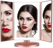 Load image into Gallery viewer, Great brightness for makeup; dim or brighten up the lights with a long pressing of touch screen switch | 1X,2X,3X magnification modes; 3 panels magnifying and wide-angle viewing; clearly see your face and apply flawless makeup | Power the light makeup mirror by USB charging cable or 4x AAA batteries (Batteries not included) | 180 degree rotation; adjust the mirror as per the suitable viewing angle you wish |