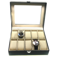 Load image into Gallery viewer, Medium Watch Box with 10 Compartments, Black Faux Leather Display Case with Glass Top - Jewelry Organizer