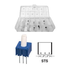 Load image into Gallery viewer, Assortment of 10 different values from 500 ohms to 1M ohms | Includes 2 of each of the following ohm values: 500, 1k, 5k, 10k, 25k, 50k, 100k, 250k, 500k, 1m | Cermet; 1/2W Wire pin leads, 0.1" spacing Single turn with shaft | Total of 20 pieces in a plastic compartmentalized storage box | Electronix Express brand