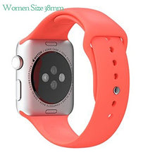 Load image into Gallery viewer, Only compatible with 38mm and 40mm Apple iWatch (NOT COMPATIBLE WITH 42mm or 44mm) | Vibrant Peach colored band and connection adapters only (Apple Watch / iWatch Not Included) | Features 7 snap-in holes for fitting most wrist sizes | Width: .8", Thickness: .1" | Length: 9.25" (can be shortened using the snap-in slots)