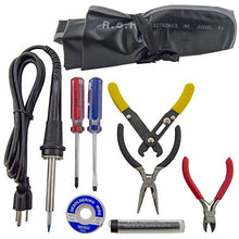 Load image into Gallery viewer, Basic tool kit in a convenient slotted storage pouch with tie strings | Soldering iron with comfort grip, 10 gram solder tube, 1.5M desoldering wick | #1 Phillips and 3/16" Flathead Screwdriver | 4.5" Diagonal Cutter, 4.5" Long Nose Pliers, Wire Stripper | Includes a printout listing the items that are included along with a short illustrated soldering technique guide