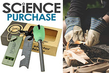 Load image into Gallery viewer, All-in-one Survival Kit - Includes Magnesium fire starter stick, large scraper (doubles as a ruler and bottle opener), and whistle all small enough to fit in a pocket and conveniently strung together on a lanyard | Never be caught in the cold: High quality all weather fire starter is windproof & weather resistant | Fire starter rod is 5.5" to easily fit in cars, survival kits & camping gear | Easy to use - Simply shave a small amount of magnesium from the rod onto your tinder using the serrated