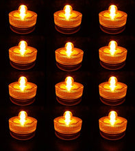 Load image into Gallery viewer, Set of 12 brand new flameless Orange flameless tea lights (Each light is 1" Tall and 1.2" Wide, Batteries are included) | Perfect for wedding centerpieces, party decoration, birthday or any other celebrations at night | Each light is waterproof so you can put them in a pool, vases, or even throw them in your party ice tub for a festive orange glow! | Easy to operate - simply twist the bottom in one direction to turn the light on, or turn to the other direction to turn off | Batteries are include