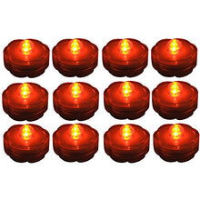 Load image into Gallery viewer, Set of 12 brand new flameless Orange flower shaped flameless tea lights (Each light is 1" Tall and 1.2" Wide, Batteries are included) | Perfect for wedding centerpieces, party decoration, birthday or any other celebrations at night | Each light is waterproof so you can put them in a pool, vases, or even throw them in your party ice tub for a festive orange glow! | Easy to operate - simply twist the bottom in one direction to turn the light on, or turn to the other direction to turn off | Batteri