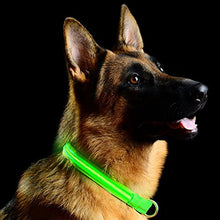 Load image into Gallery viewer, Medium Size - Adjustable from approximately 14.5" to 17" | Vehicles will see your pet well in advance with this bright, illuminated collar | Easy to operate - simply squeeze the button on to cycle the 4 different modes: Fast Flashing, Slow Flashing, On, and Off | Built-in rechargeable battery charges via Micro-USB cable (included) | Features an adjustable strap, sturdy buckle, and a heavy-duty D-ring for attaching a leash