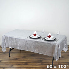 Load image into Gallery viewer, Perfect for weddings, receptions, parties, catered presentations, bridal and baby showers, birthdays, candy buffets, dessert tables and more | Each order is for one (1) 60" x 102" sequin tablecloth | Edges are folded and then hemmed | Fabric Care: Dry clean only |