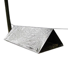 Load image into Gallery viewer, Kit includes 1 mylar tent, measuring 8 feet x 3 feet with a 20 foot cord | 100% reusable, waterproof, and windproof, this mylar tent keeps you dry and clean while retaining and reflecting back 90% of body heat. Quick set-up: Run the included cord through the shelter and tie both ends to sturdy objects. | Provides compact emergency protection during many weather conditions - Perfect for camping trips and sporting events | Made of durable insulating mylar material designed by NASA for space explor