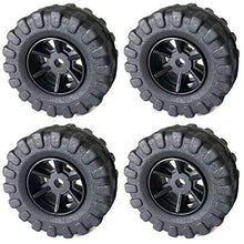 Load image into Gallery viewer, 4 Pack of black tires, Diameter: 36mm, Width: 16mm | Ideal for robotics projects, remote controlled cars or trucks, and other DIY toys and models | Made of soft plastic rubber material | Each tire features a glossy black 6-spoke rim | Also suitable as replacement tires, or to be kept on hand as spares