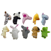 Load image into Gallery viewer, 10 Piece Soft Plush Animal Finger Puppet Set (Elephant, Panda, Duck, Rabbit, Frog, Mouse, Cow, Bear, Dog, Hippo)
