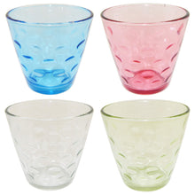 Load image into Gallery viewer, Pack of 4, includes Blue, Clear, Green, Pink | These elegant glasses are great for whiskey, water, wine, beer, iced tea, and other drinks | Each glass measures 3.3 inches wide at the top, 2 inches at the base, and are 3.1 inches tall | The unique glass shape enhances the beverages aromas and flavors |