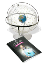 Load image into Gallery viewer, Transparent 12" celestial globe maps constellations for students studying astronomy in grades 5-12 | Printed 3.3" earth globe and 3/4" yellow sun mounted inside the star globe rotate independently and demonstrate the earth's apparent relationship to the stars, planets, and galaxies | Poles adjust for the month and day to show the positions of the stars relative to the calendar | Mounted in full horizon and meridian base for stability | Teacher's guide provides 13 activities and seven student worksheets