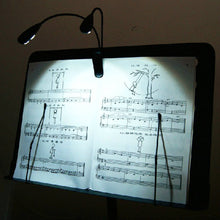 Load image into Gallery viewer, Clip-on Bright Reading Light for Sheet Music Stand, Books, Laptop Keyboard - Dual Flexible Arms, 4 LED Brightness Modes, Powered by USB or Batteries