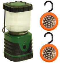 Load image into Gallery viewer, Includes 1 lantern and 2 tent lights with collapsible hooks | Perfect for basements, garages, hiking, camping trips, or in emergencies | The tent lights have collapsible hooks and magnetic backings for hanging or mounting inside a tent | Lantern features a small green 'locator' LED that flashes every 5 seconds on standby mode so that you can find the lantern even when it's dark | Batteries are not included. Lantern uses 3 'D' batteries. Tent hook lights each use 3 'AAA' batteries.