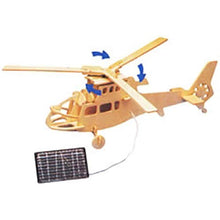Load image into Gallery viewer, Experiment with solar energy by building your own helicopter model with solar powered motor! | Kit comes complete with pre-cut plywood, assembly instruction manual, solar cell module, small DC motor, 3 foot cable, and sandpaper | When the solar cell module is placed in direct sunlight it generates power that is carried through the cable wire to the motor which spins the helicopter's propeller! | No soldering is required! | Great educational toy that can be placed on display once assembled!