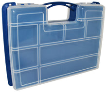 Load image into Gallery viewer, Double-sided design, 10 storage slots on one side and up to 22 on other side (10 slots + 2 removable dividers) | Perfect for organization of craft pieces, hobby modeling, electronic components, and other small parts | Features translucent snap-to-close lids | Portable 11.6" x 8.7" 2.8" size with carry handle | Durable, flexible Polypropylene construction