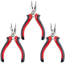 Load image into Gallery viewer, 3 Pack Long Nose Pliers, each measure 5" long overall | Serrated jaws with built-in side cutter | Chrome Vanadium Steel construction | Return spring for rapid cutting | Cushion grip handle