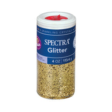 Load image into Gallery viewer, Bring sparkle and shine to any project | Hexagon-shaped plastic glitter crystals | Glitter is non-toxic and conforms to ASTM D-4236 | Plastic dispensing jar has a variety of slot openings to reduce messes | 4-ounce jar of Gold glitter