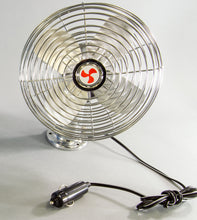 Load image into Gallery viewer, Plugs directly into your lighter/power socket | High/low 2-speed operation | 7 foot Power cord | Mounts permanently on dash, top or side panel with included hardware | Adjustable ball swivel base