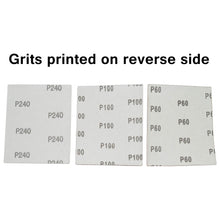 Load image into Gallery viewer, 60 Sandpaper 1/4 Sheets for Palm Sanders - Includes 20 of 60 Grit, 20 of 100 Grit, and 20 of 240 Grit
