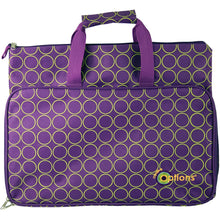 Load image into Gallery viewer, Perfect scrappers, artists, and greeting card makers on the go | This tote features a high quality canvas outer shell with an pocket (11 by 16-1/2-inch) with a loop and hook closure, a 3/4 zipper pocket that will hold loads of tools, embellishments, and more and a comfortable carry handle | The inside features one large zippered compartment (14-1/4 by 16-1/2 by 1-inch) | Royal Purple w/ Avocado Circles | Great for Needle Arts, Scrapbooking and Paper Crafts