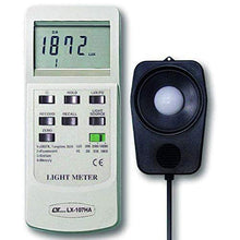 Load image into Gallery viewer, Measuring Range: 0 to 100000 Lux; Resolution: 1 Lux for < 2000, 10 Lux for 20000, 100 Lux for < 100000 | Spectrum meets C.I.E. standard, sensor cosine correction factor meets standard | Wide range measurement both for Lux & Foot Candle units | Four lighting type selection: Tungsten, Fluorescent, Sodium, Mercury | Large LCD display with data hold. Records Maximum, Minimum and Average readings.
