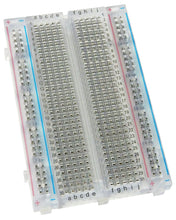 Load image into Gallery viewer, Clear / see-thru making it easier for students to learn prototyping using breadboards | Ideal for testing, prototyping and experimentation. | Contact points: 400, Terminal strips: 1, Bus strips: 2 | Size: 3.3" x 2.1" | Peelable adhesive backing and nickel plated clips