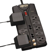 Load image into Gallery viewer, Tripp Lite 8 Outlet Surge Protector Power Strip, 10ft Cord, Right-Angle Plug, Tel/Modem/Coax/Ethernet Protection, RJ11, RJ45, & $250,000 INSURANCE (TLP810NET) Grey